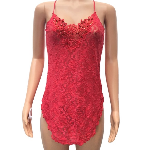 Vtg 1980s Intimate Moods Sexy Red Lace Sequin Slip - Picture 2 of 8